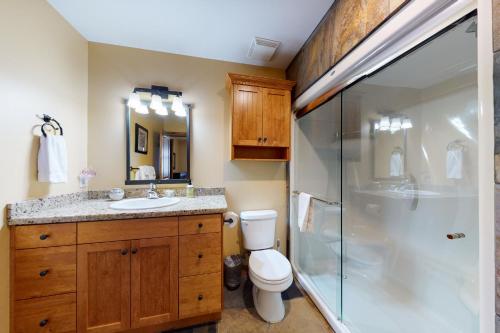 a bathroom with a shower and a toilet and a sink at Aspens 4406 in Big White