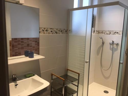 a bathroom with a glass shower and a sink at Appartement - Villa " FERGINE" in Le Touquet-Paris-Plage
