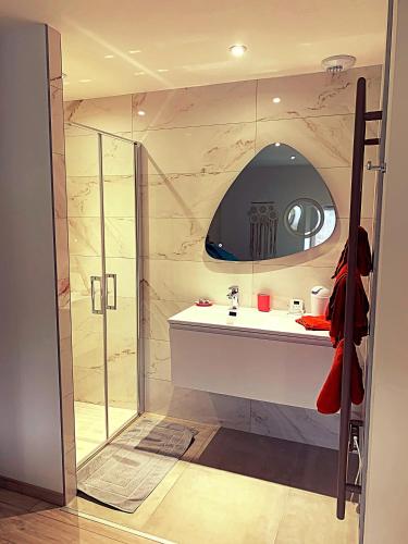 une salle de bain avec douche et lavabo dans l'établissement Gîte des PRARY des Mille étangs, à Ternuay-Melay-et-Saint-Hilaire