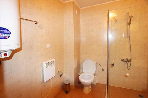 a bathroom with a toilet and a glass shower at Solar nest with fireplace and panoramic view 700m from skilift and centrum in Bansko