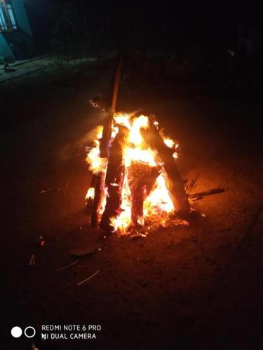 a fire in the middle of a street at night at Ethili Lake view & Safari Camp in Wellawaya
