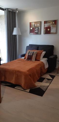 1 dormitorio con 1 cama con edredón marrón en Departamento Comuna Providencia, cercano metro Los Leones y Pedro de Valdivia en Santiago