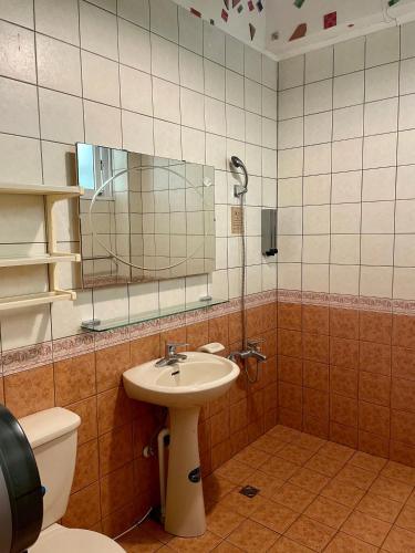 a bathroom with a sink and a toilet and a mirror at Wisdom Garden Home Stay in Yuli