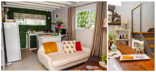 sala de estar con sofá blanco y cocina en The Khaya Accommodation for the Soul, en Lorraine