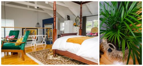2 fotos de un dormitorio con cama y silla en The Khaya Accommodation for the Soul, en Lorraine