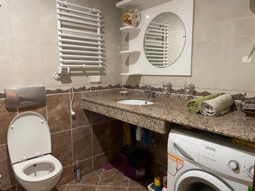 a bathroom with a toilet and a sink and a washing machine at Alva Sitesi Comfortable apartments by the sea in Alanya