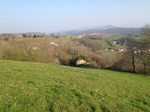 a green field with trees and hills in the background at Hotel Restaurant Bonnet in Saint-Pée-sur-Nivelle