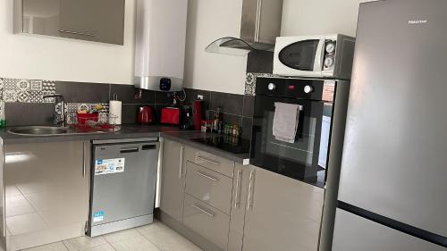 une cuisine avec un réfrigérateur et un micro-ondes dans l'établissement Superbe appartement, à Roanne