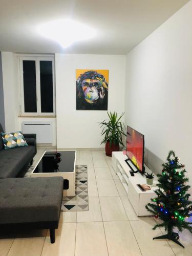 una sala de estar con un árbol de Navidad. en Superbe appartement en Roanne