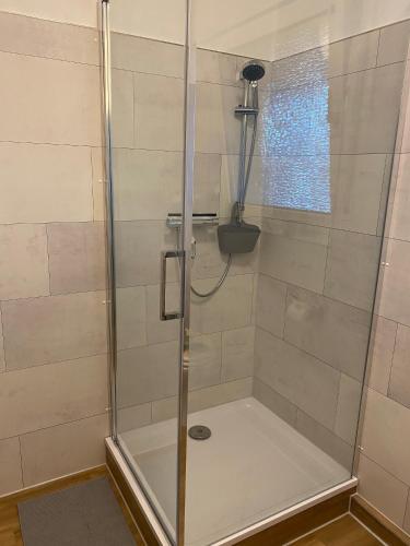a shower with a glass door in a bathroom at WinterbergerQuartier in Winterberg