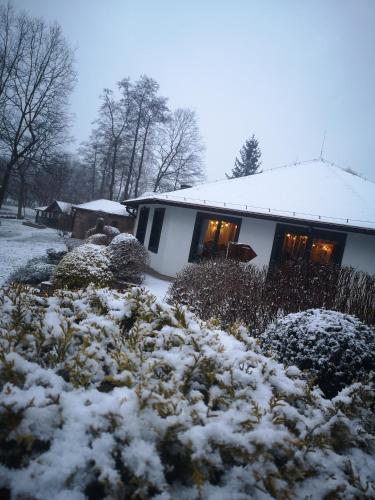 a house covered in snow in front of a yard at Cyprianówka in Warszowice
