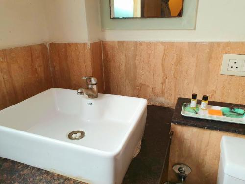 a bathroom with a white sink and a mirror at Hotel Merriment Alpha in Noida