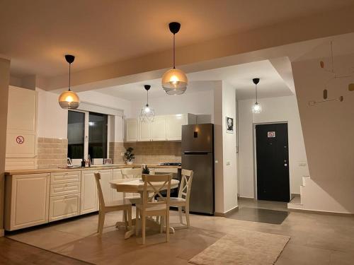 una cucina con tavolo, sedie e frigorifero di Beautiful Colors Residence Villa a Otopeni