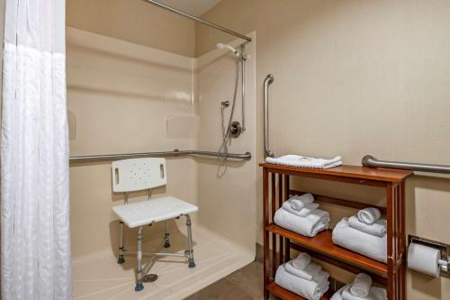 a bathroom with a shower and a chair and towels at Comfort Inn Louisville Southwest in Louisville