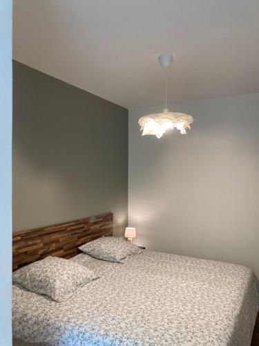a bedroom with a bed and a light fixture at L'AUBERGE DE LA GOUTILLE in Capvern