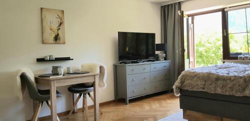 um quarto com uma mesa, uma cama e uma televisão em Alpina Inzell Wohnung 454 em Inzell
