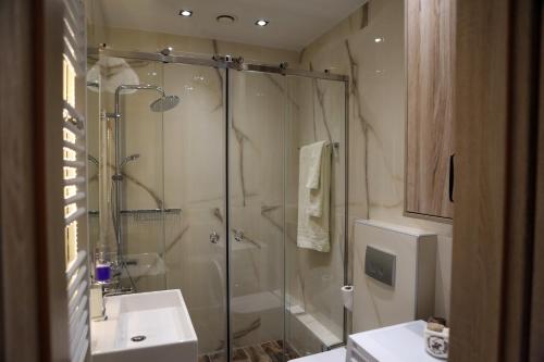 bagno con doccia e lavandino di LA Larissa Luxury Apartments Peneus a Larisa