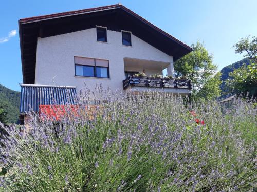 a house with a flower garden in front of it at Apartma BoLeRo in Tolmin
