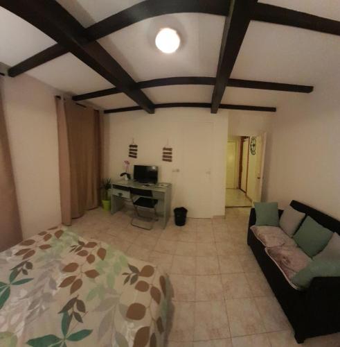 a bedroom with a bed and a desk in a room at Chambre indépendante à la campagne in Puycalvel Lautrec