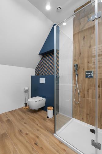 a bathroom with a shower and a toilet at Tylko Tu i Teraz- Sauna, Balia z jacuzzi, Bon turystyczny in Baligród