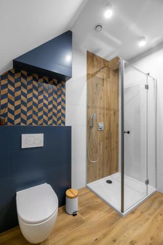 a bathroom with a toilet and a shower at Tylko Tu i Teraz- Sauna, Balia z jacuzzi, Bon turystyczny in Baligród