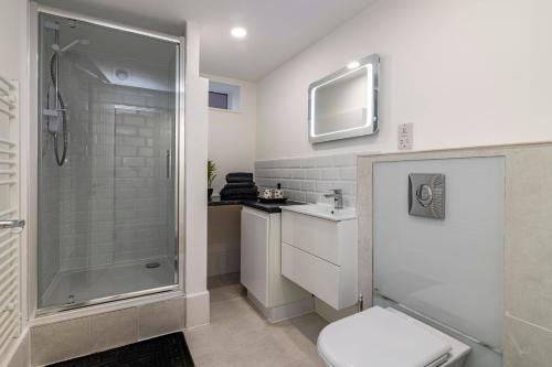 a bathroom with a shower and a toilet and a television at Garden Apartment West Bridgford in Nottingham