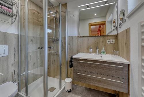 a bathroom with a shower and a sink and a toilet at Wofahanslhof in Eschlkam