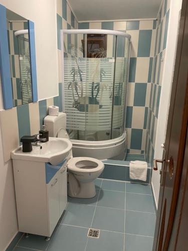 a small bathroom with a toilet and a sink at Pensiunea Marmis in Rîu Bărbat