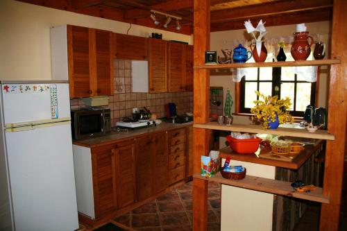 スタレ・ヤブウォンキにあるSummer House Stare Jabłonkiのキッチン(木製キャビネット、白い冷蔵庫付)