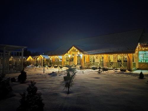 a building covered in lights in the snow at night at Готельно-ресторанний комплекс Прованс парк in Pochayiv