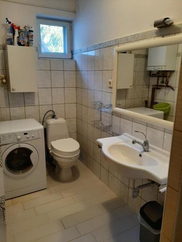 een badkamer met een wastafel en een wasmachine bij Krémer Vendégház in Harkány