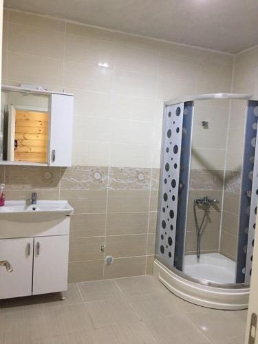 a bathroom with a shower and a sink and a tub at AYDER ŞAFAK Apart in Ayder Yaylasi