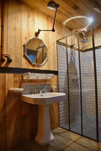une salle de bain avec un lavabo et une douche dans l'établissement Gîte de Livraise, au cœur du Perche, à Berdʼhuis