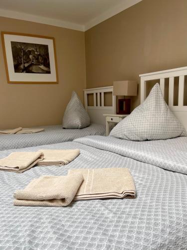 a bedroom with two beds with towels on them at Apartmán Galerie in Děčín