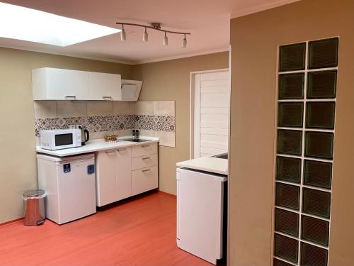 a kitchen with white cabinets and a white microwave at Apartmán Galerie in Děčín
