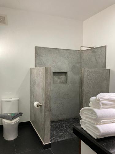 a bathroom with a shower with a toilet and towels at Baja Joe's Hotel in La Ventana