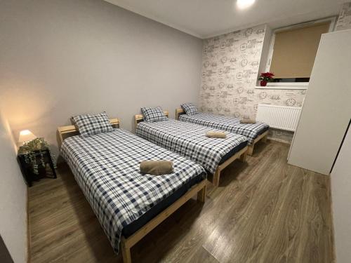 a room with two beds and a window at Anna's guesthouse in Rīga
