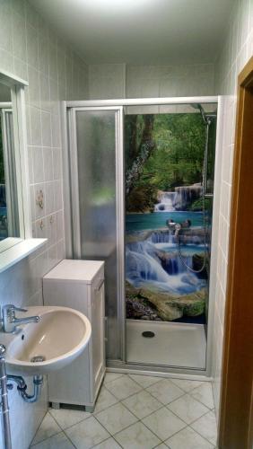 a bathroom with a shower and a sink at Ferienwohnung Am Stachelsrain in Zella-Mehlis