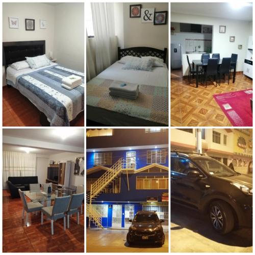 a collage of four pictures of a hotel room at Lopez House in Lima