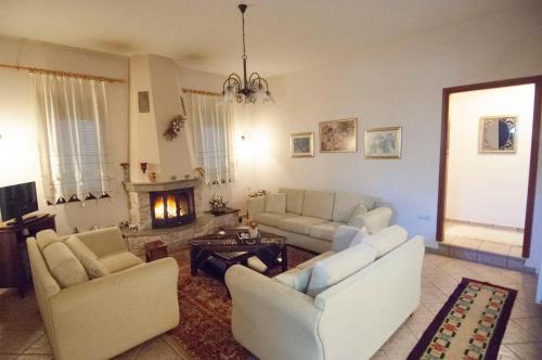 een woonkamer met witte meubels en een open haard bij Elati Electra's Cozy House in Elati Trikalon