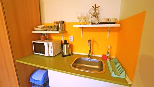 a kitchen with a sink and a microwave at Vila Edith Valtice in Valtice