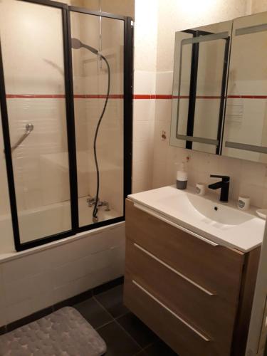 a bathroom with a sink and a shower at T2 Résidence de l'Ars Aulus les Bains in Aulus-les-Bains