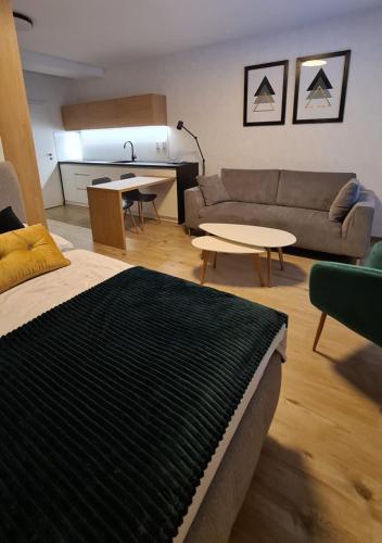 uma sala de estar com um sofá e uma mesa em Apartmán Hestia 5 em Rajecké Teplice