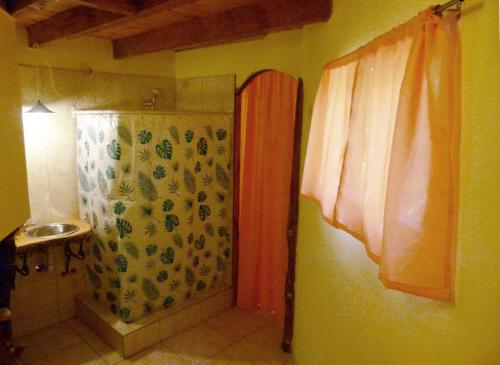a bathroom with a shower and a shower curtain at Cabaña Cafuné in El Bolsón