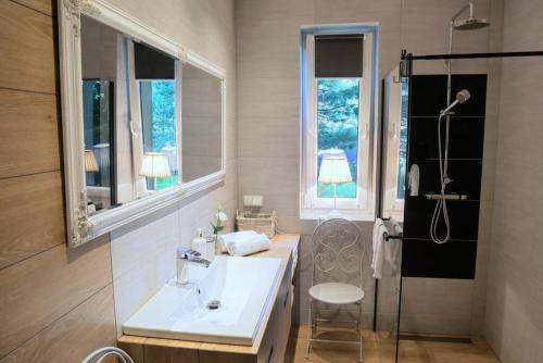 a bathroom with a sink and a shower at ZENDA - Przytulny apartament w zacisznym miejscu in Wieprz