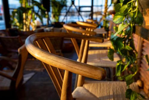 a row of wooden chairs sitting in a restaurant at The Greenhouse Hotel in Hveragerði