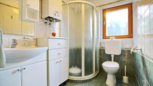 een badkamer met een toilet, een wastafel en een douche bij Vacation House Katica in Vela Luka