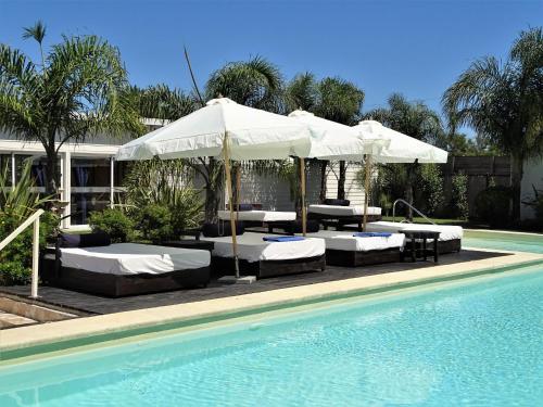 a pool with beds and umbrellas next to a swimming pool at Skyblue Apart Hotel Punta Colorada in Piriápolis