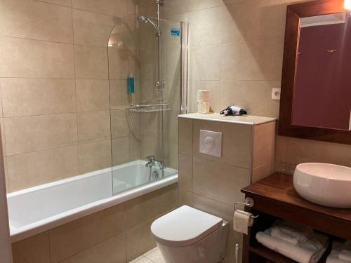 a bathroom with a toilet and a shower and a sink at Hôtel Des Argousiers in Ambleteuse
