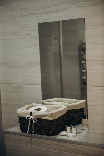 a bathroom with a sink and a mirror at Дбайлива Ципа in Mizhhirʼʼya